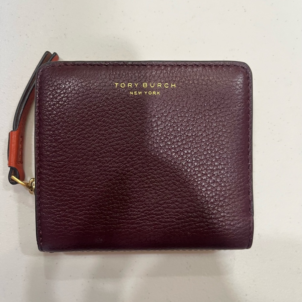 Tory Burch Pebbled Leather Zip Wallet - Deep Burgundy with Gold Logo